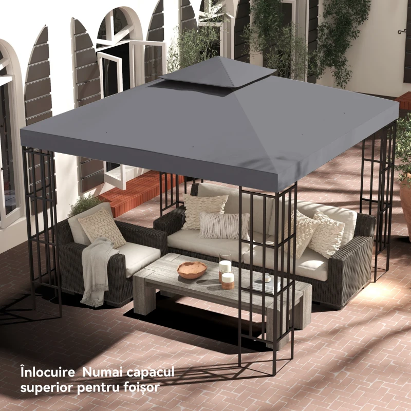 Outsunny Acoperiș de Rezervă pentru Foișor 3x3m cu Design pe Două Niveluri, Rezistent la Razele UV, Gri Închis