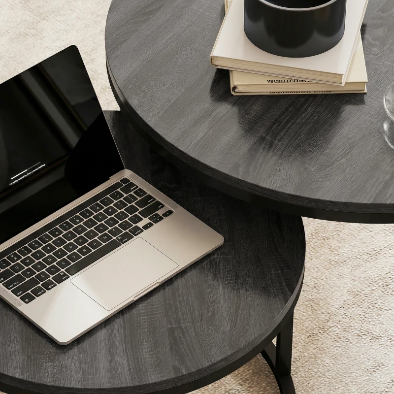 HOMCOM Modernes Kaffeetisch 2er-Set, Stapelbare Beistelltische mit Metallgestell für Wohnzimmer, Schlafzimmer, Büro, Schwarz