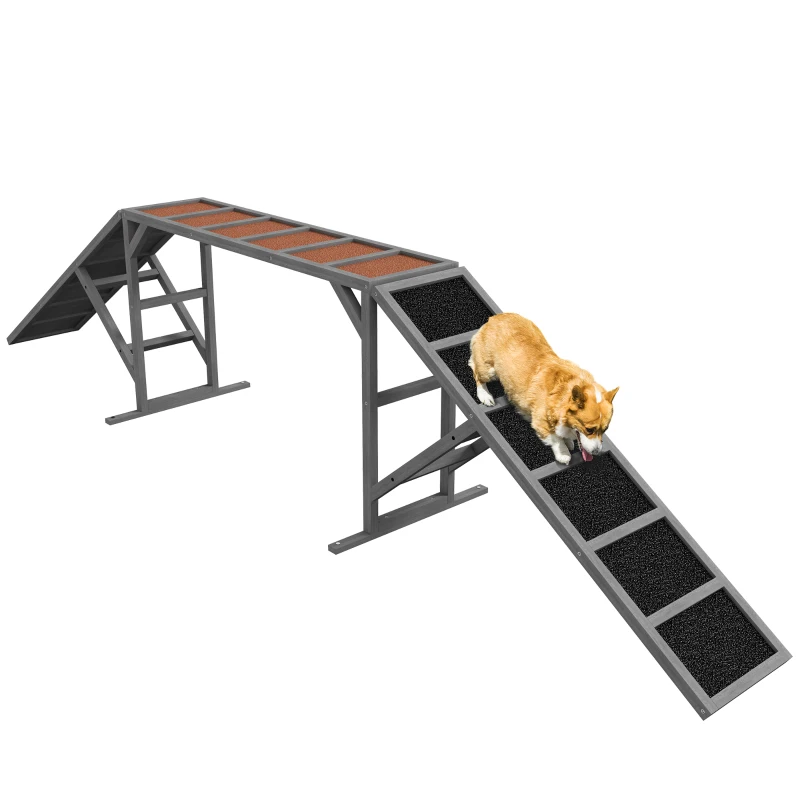 PawHut Hunde Agility Steg mit Sicherheitsstange rutschfester Oberfläche wetterfest Agility-Gerät bis 40 kg 335x55x60 cm Grau