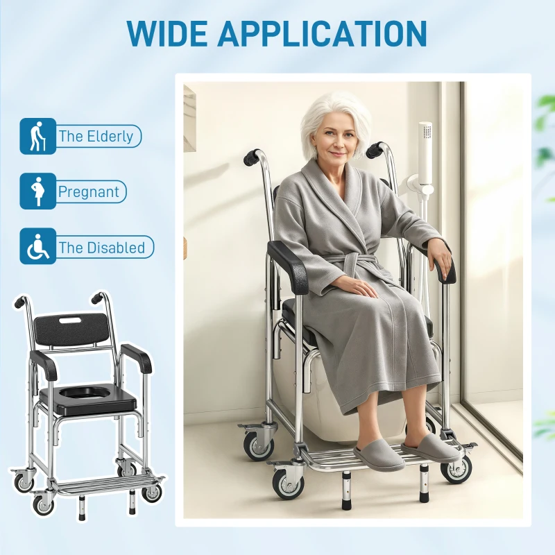 HOMCOM Transport Beside Shower Chair, 3-in-1 Commode Chair with Wheels and Padded Seat, Black