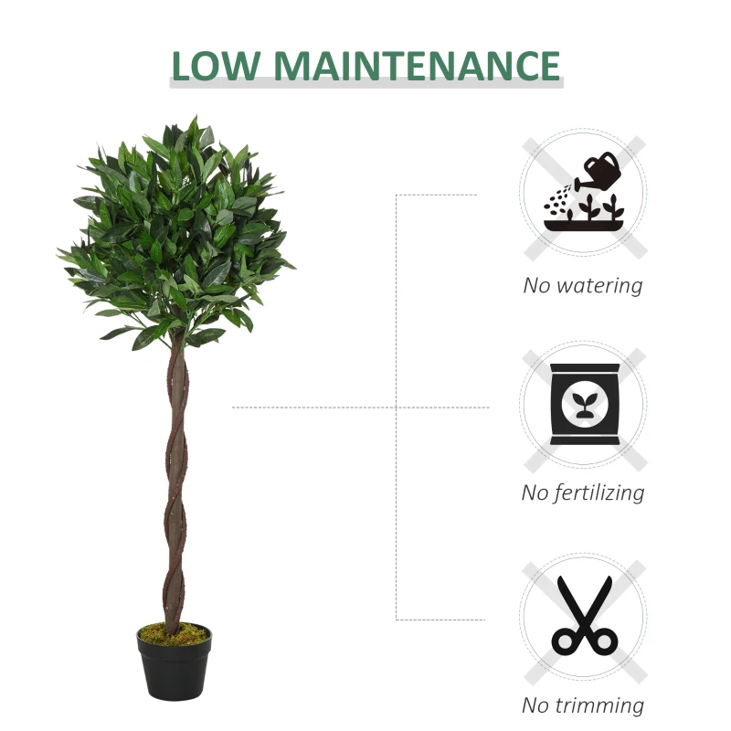Outsunny Artificial Bay Laurel Topiary Trees with Twisted Trunk, Realistic Lush Topiary Ball Tree with Weighted Pot, 120cm Indoor Greenery Plant for Home Office Garden Decor, Set of 2, Green
