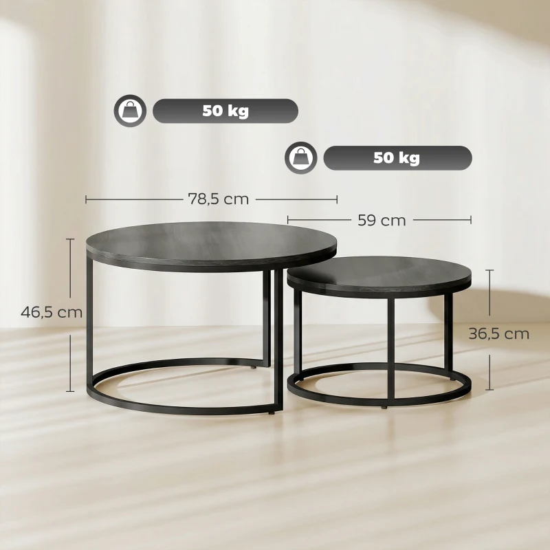 HOMCOM Modernes Kaffeetisch 2er-Set, Stapelbare Beistelltische mit Metallgestell für Wohnzimmer, Schlafzimmer, Büro, Schwarz