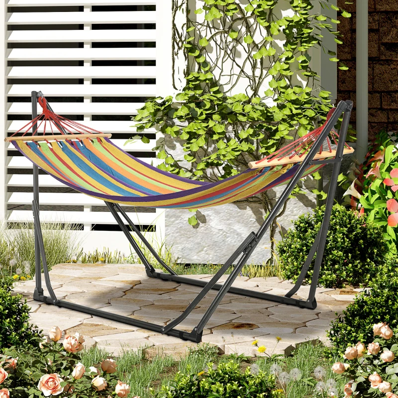 Outsunny Hamaca con Soporte Plegable 2 en 1 Tendedero con Barra Estructura de Acero para Jardín 270x100x94 cm Multicolor
