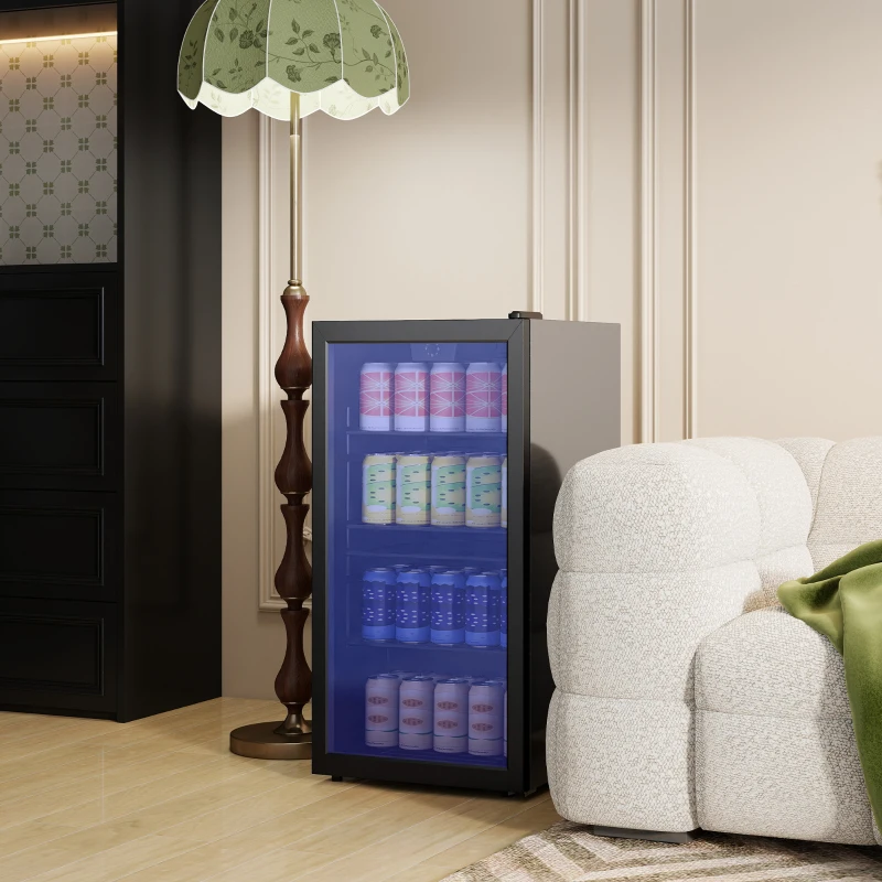 HOMCOM Mini Kühlschrank 93L Kühlbox mit Glastür, verstellbaren Regalen, LED, Temperaturregelung, 47,2 x 43,7 x 83,3 cm Schwarz
