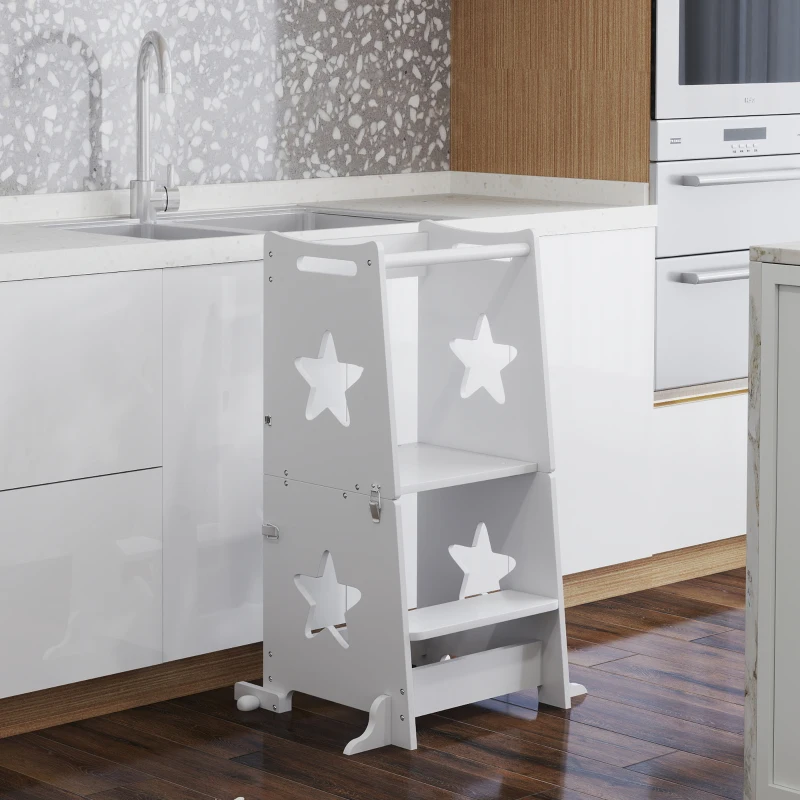 AIYAPLAY Torre de Aprendizaje 2 en 1 Convertible en Mesa y Silla con Barra de Seguridad 60x44,5x86 cm Blanco