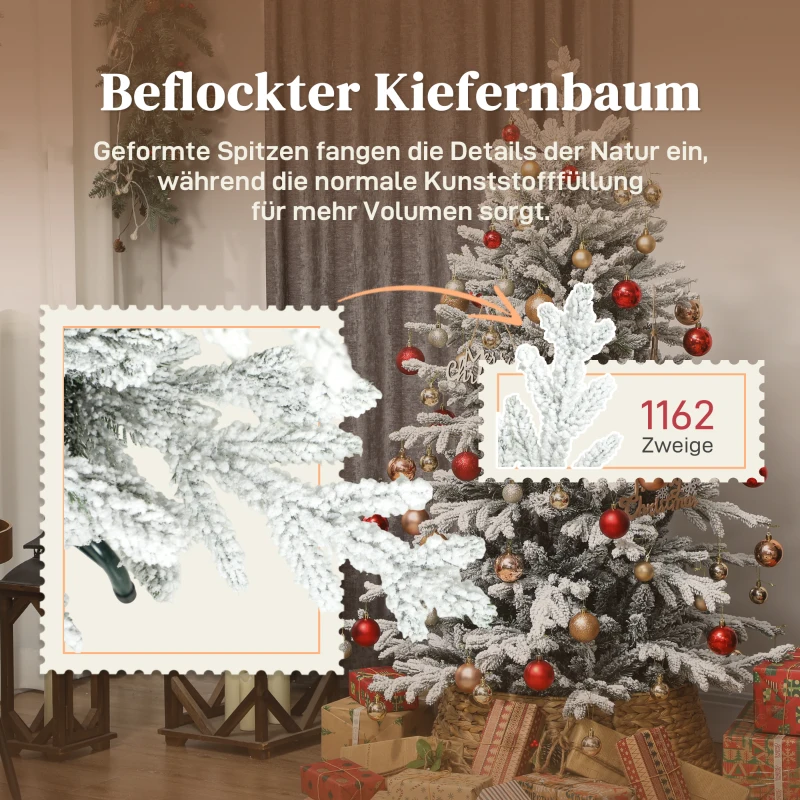 HOMCOM Künstlicher Weihnachtsbaum, 150cm Christbaum mit Schnee, 1162 Zweigen, klappbarem Metallständer