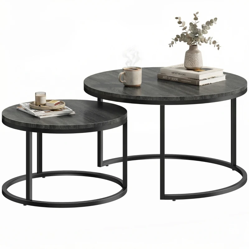 HOMCOM Modernes Kaffeetisch 2er-Set, Stapelbare Beistelltische mit Metallgestell für Wohnzimmer, Schlafzimmer, Büro, Schwarz