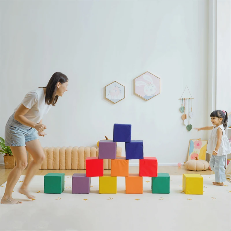 HOMCOM 12 PCs Soft Play Blocks, Soft Foam Toy, Building and Stacking Blocks for Kids, Red