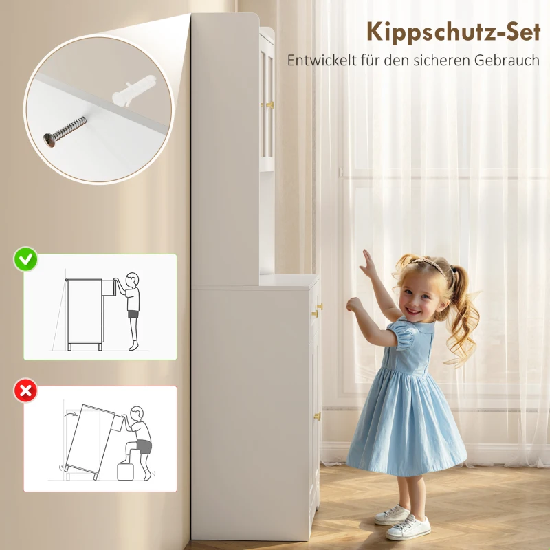 HOMCOM Küchenschrank mit Arbeitsfläche, Weinglashalter, Vorratsschrank für Küche, Esszimmer, 170 cm, MDF, Glas, Weiß