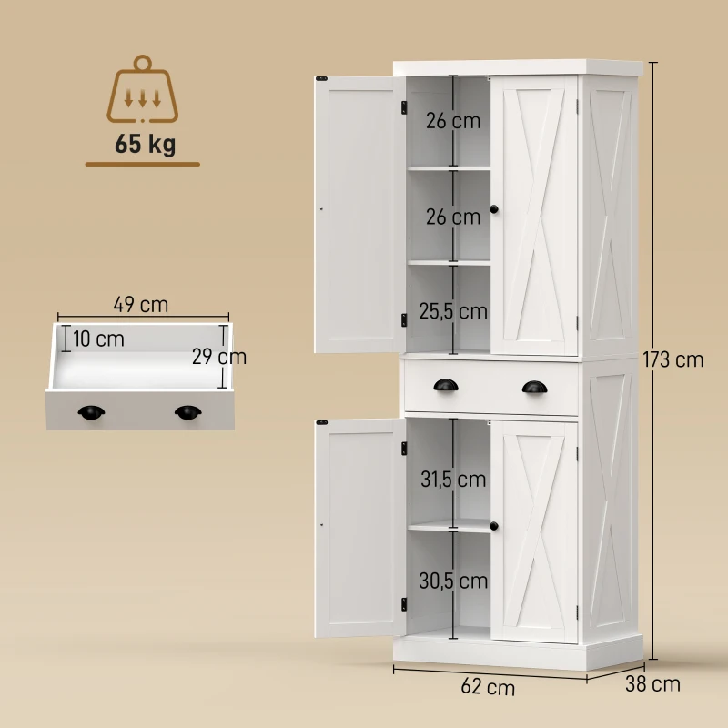 HOMCOM Armário Alto de Cozinha Armário de Cozinha com 4 Portas Gaveta e Prateleiras Ajustáveis Estilo Rústico 62x38x173 cm Branco