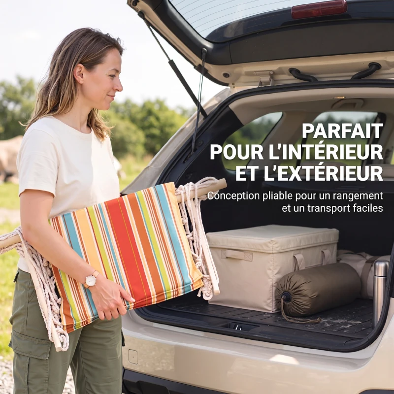 Outsunny Chaise suspendue hamac de voyage respirant portable 100 x 106 cm coton macramé polyester multicolore rayé