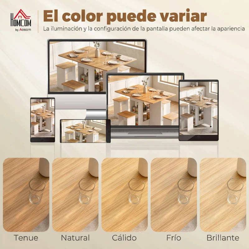 HOMCOM Conjunto Mesa de Comedor Plegable y 4 Taburetes Ocultos 2 Alas Abatibles Ruedas Estantes Roble