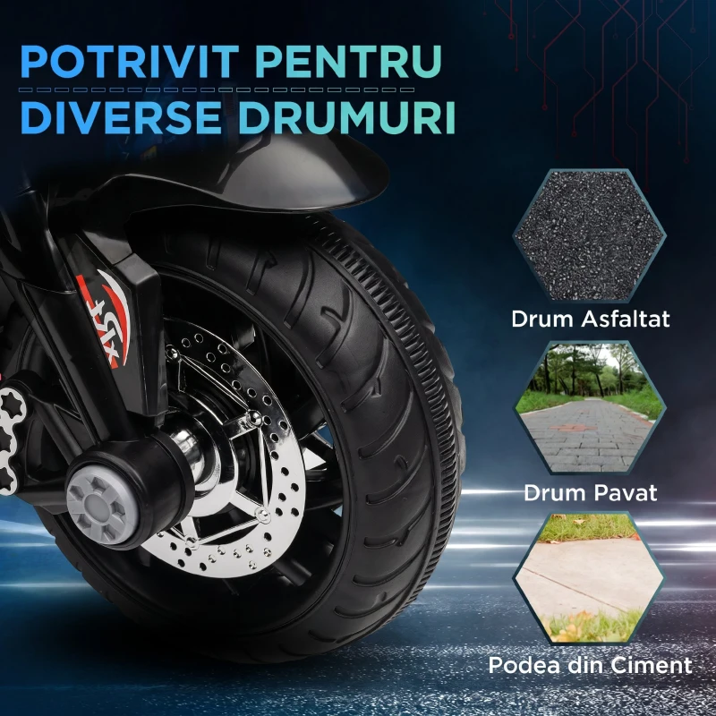 HOMCOM Motocicletă Electrică pentru Copii 3-5 Ani, max. 25 kg, 3 Roți, Lumini și Sunete, Baterie 6V, Negru, 86x42x52 cm