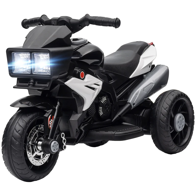 HOMCOM Motocicletă Electrică pentru Copii 3-5 Ani, max. 25 kg, 3 Roți, Lumini și Sunete, Baterie 6V, Negru, 86x42x52 cm