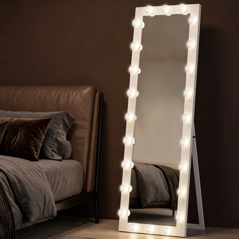 HOMCOM Ganzkörperspiegel 150x40 cm LED Spiegel mit 24 Glühbirnen 3 Lichtfarbe, freistehend oder anlehnbar Weiß