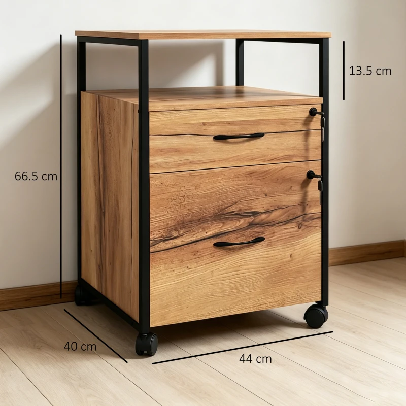 Vinsetto Dulap Sertare Birou, 2 Sertare cu Încuietoare, Roți, 44x40x66,5 cm, Maro Rustic
