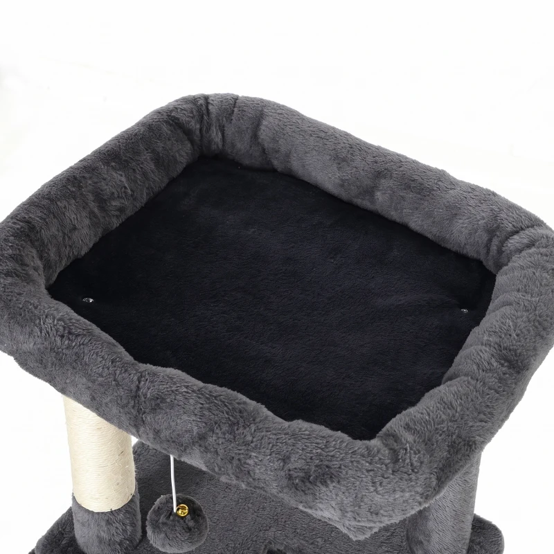 PawHut Arbre à Chat 4 Niveaux 132 cm, Niche, Lit, Plateforme, Poteaux à Griffer en Sisal, Jouets Suspendus, Gris Foncé
