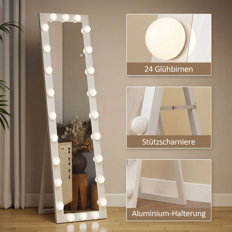 HOMCOM Ganzkörperspiegel 150x40 cm LED Spiegel mit 24 Glühbirnen 3 Lichtfarbe, freistehend oder anlehnbar Weiß