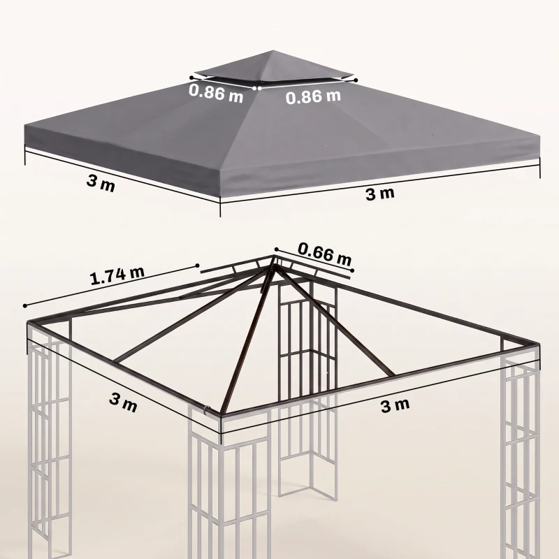 Outsunny Acoperiș de Rezervă pentru Foișor 3x3m cu Design pe Două Niveluri, Rezistent la Razele UV, Gri Închis