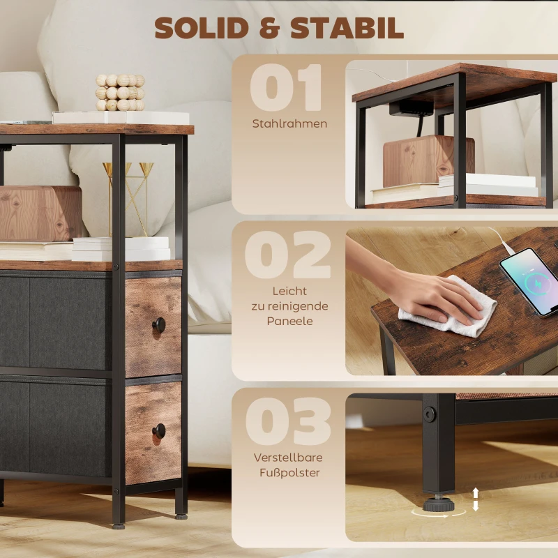 HOMCOM Couchtisch Beistelltisch mit Ladestation, Stahlrahmen, 2 Stoffschublade, offen Fach, 20cm x 40cm x 63cm, Rustikal-Braun