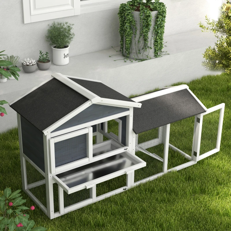 PawHut Kleintierstall mit Freilauf, Tannenholz, 147 x 54 x 84 cm, Grau