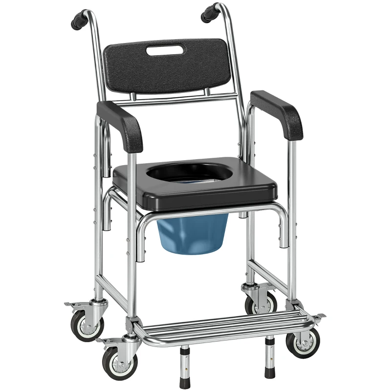 HOMCOM Transport Beside Shower Chair, 3-in-1 Commode Chair with Wheels and Padded Seat, Black