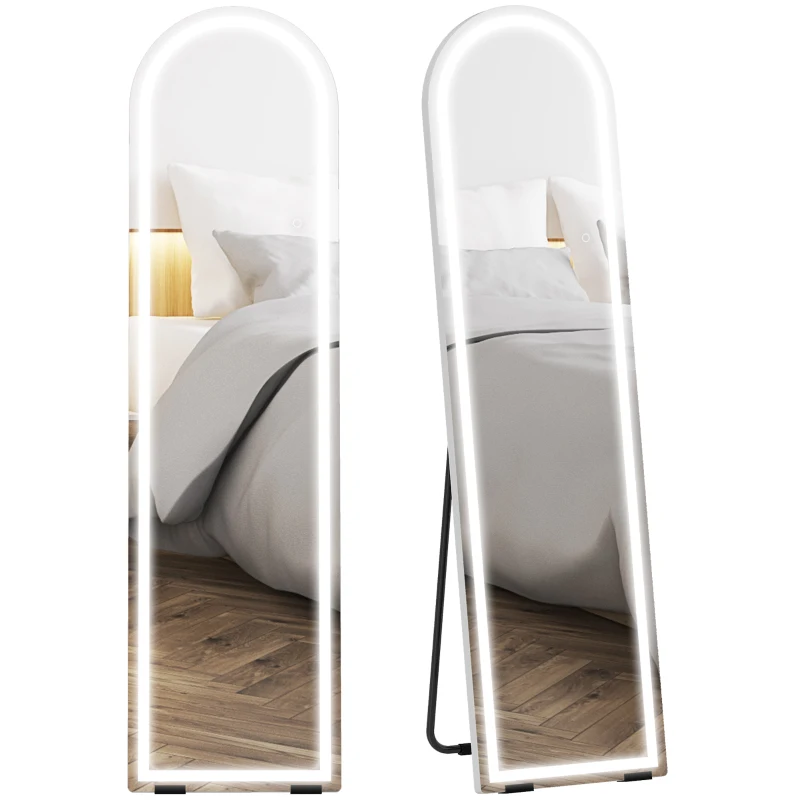 HOMCOM Ganzkörperspiegel mit LED-Lichtern, 150 x 40 cm, bogenförmig, dimmbar, 3 Lichtfarben, freistehend oder Wandmontage, Weiß