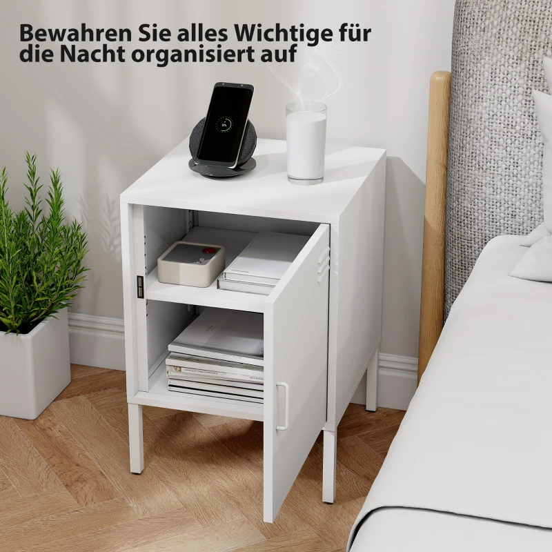 HOMCOM Nachttisch aus Stahl, Beistelltisch für verschiedene Zwecke, verstellbares Regal, für Schlafzimmer, Wohnzimmer, Weiß