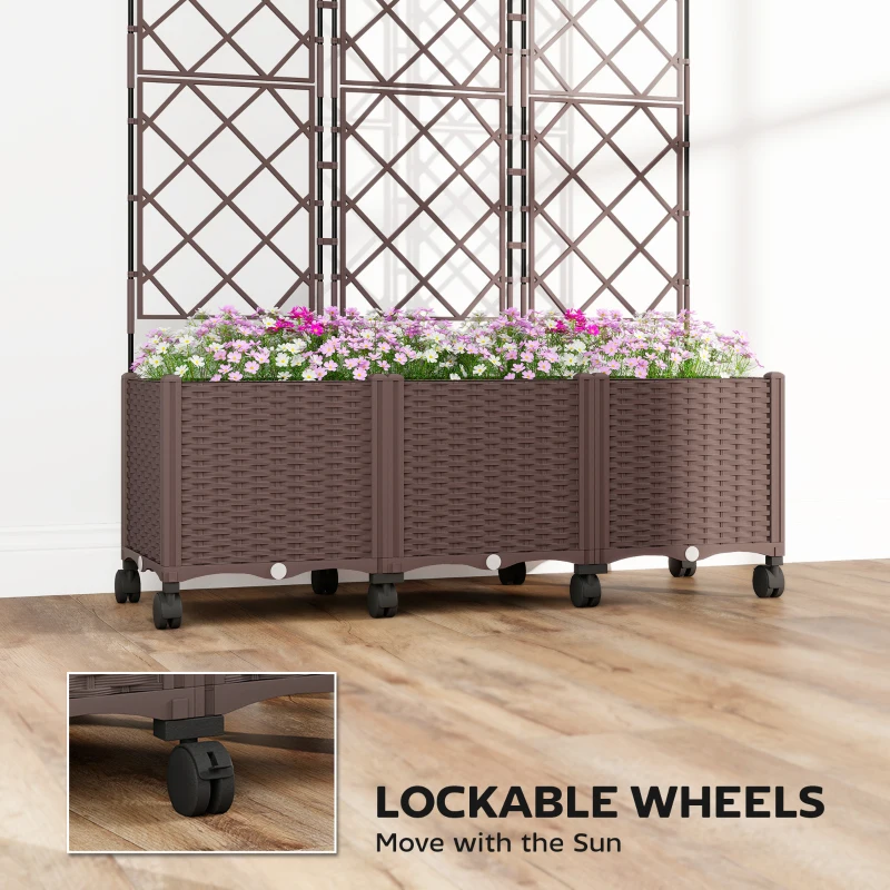Outsunny Plastic Raised Planter with Trellis, Self Watering Raised Bed for Garden with Wheels, Drainage Holes and Plugs