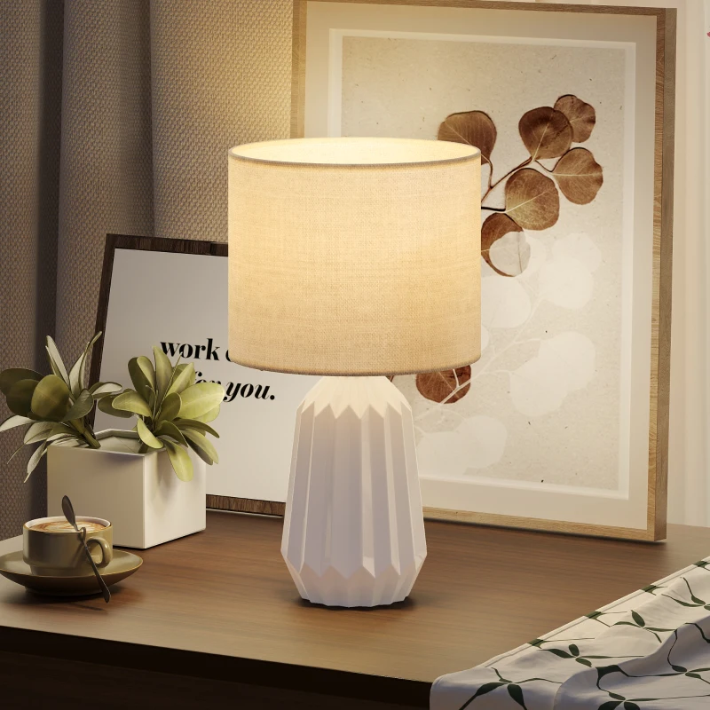 HOMCOM Tischlampe, Tischleuchte, Nachttischlampe mit Leinenschirm, Wippschalter, Schreibtischlampe, 22 x 22 x 39 cm, Weiß