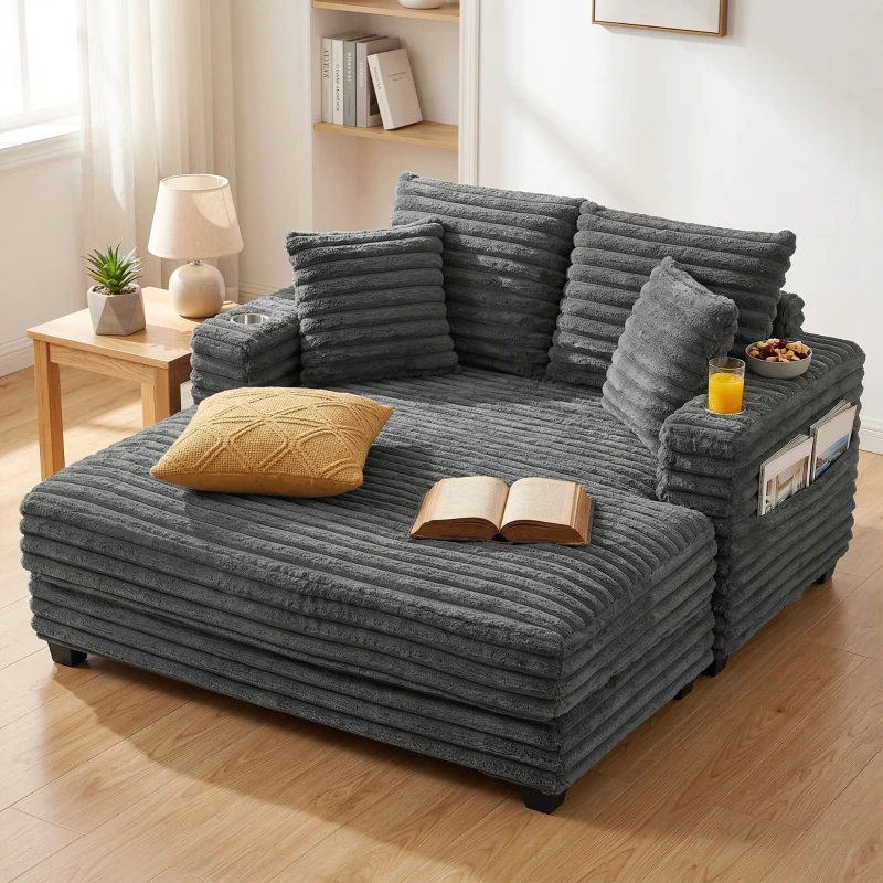 HOMCOM Chaiselongue 2 Sitzer Groß Schlafsofa 134 x 151 cm mit Becherhalter für Wohnzimmer, Grau
