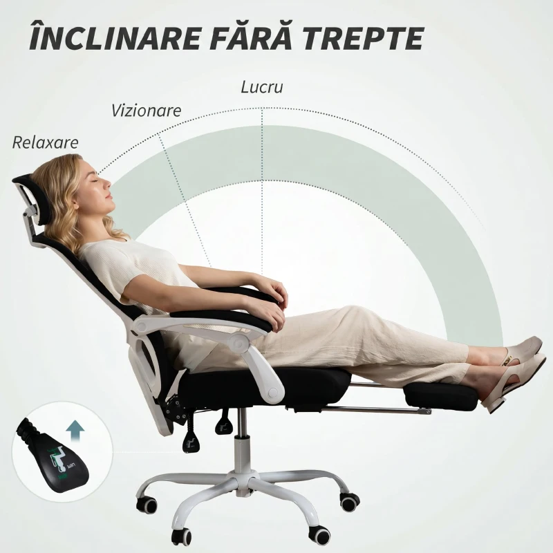 HOMCOM Scaun de Birou Rabatabil 135°, cu Suport pentru Picioare, Suport Lombar, Tetieră, Înălțime Reglabilă, din Plasă, Negru