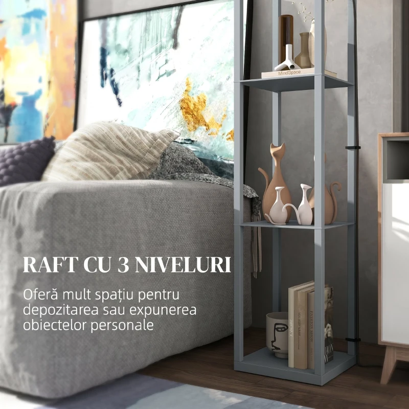 HOMCOM Lampadar Podea 2 în 1, 3 Rafturi, Economisire Spațiu, Soclu E27, 26x26x160 cm, Gri Deschis