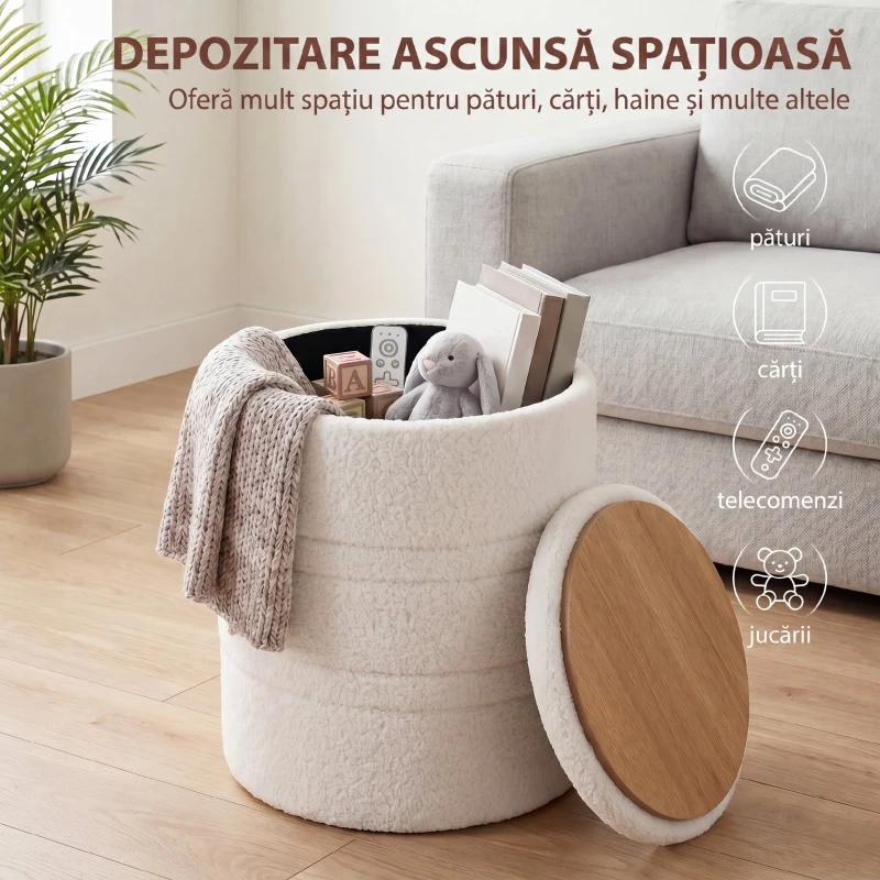 HOMCOM Taburet Rotund Tip Pouf cu Spațiu de Depozitare 33L din Sherpa cu Capac, Capacitate 120kg, Living, Hol, Alb