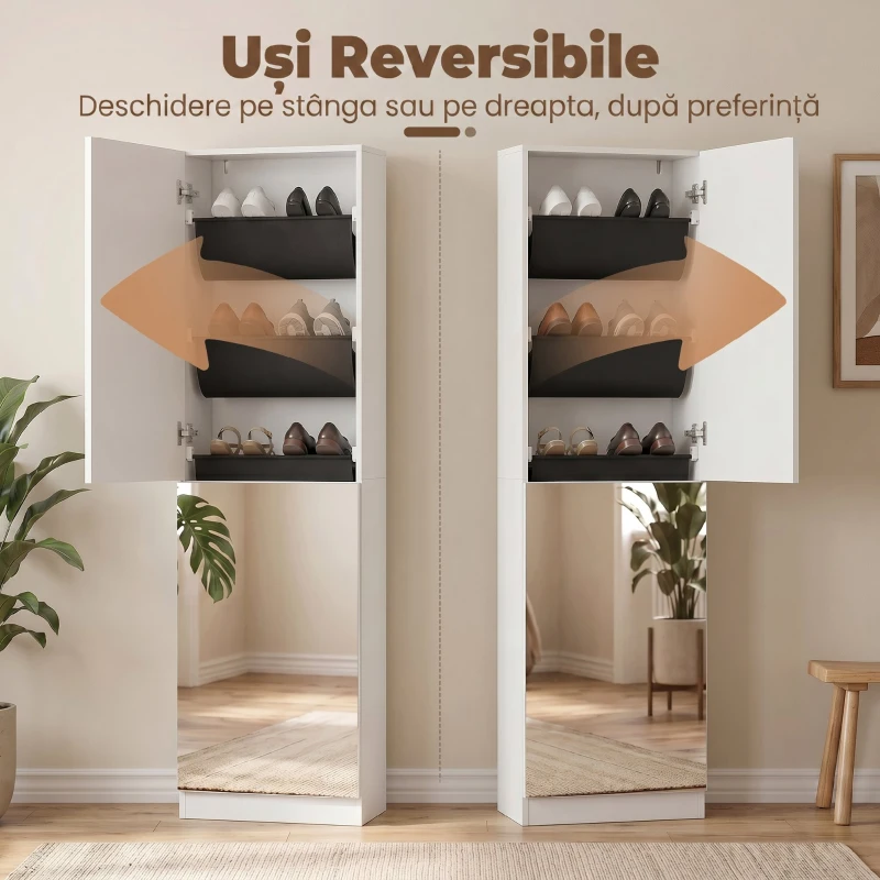 HOMCOM Dulap pentru Pantofi cu Oglindă, Uși Reversibile cu 5 Rafturi din Material Textil, 50 x 20 x 180 cm, Alb