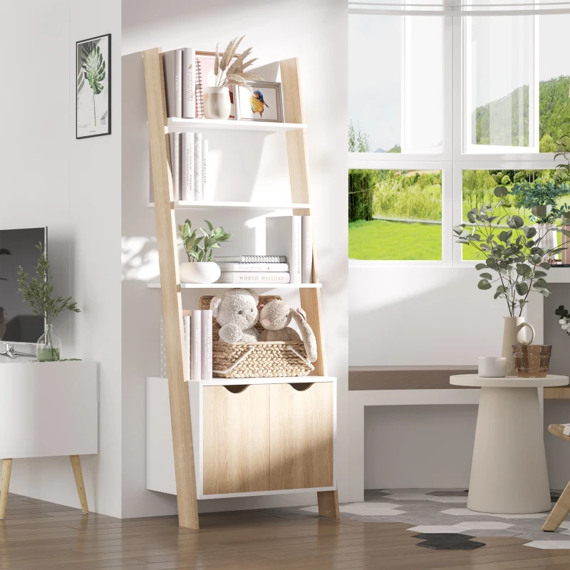 HOMCOM Estantería en Forma de Escalera de Madera Librería con 3 Estantes y 1 Armario de Almacenaje 60x40x171 cm Roble y Blanco