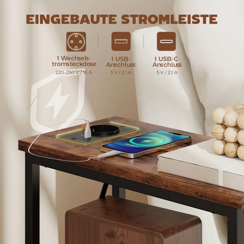 HOMCOM Couchtisch Beistelltisch mit Ladestation, Stahlrahmen, 2 Stoffschublade, offen Fach, 20cm x 40cm x 63cm, Rustikal-Braun