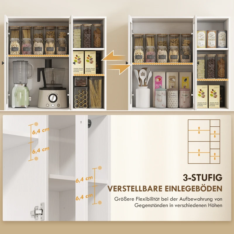 HOMCOM Küchenschrank mit Glastüren, Regale, offene Ablagen, 172 cm groß, MDF, Weiß