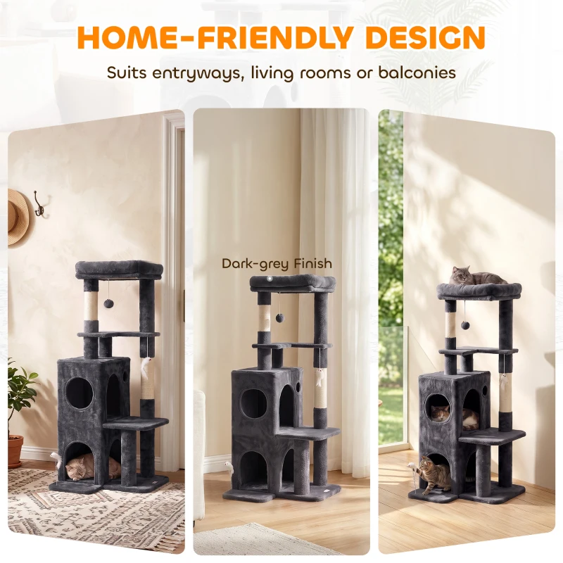 PawHut Arbre à Chat 4 Niveaux 132 cm, Niche, Lit, Plateforme, Poteaux à Griffer en Sisal, Jouets Suspendus, Gris Foncé