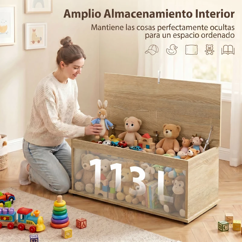 HOMCOM Banco de Almacenaje con Bisagra de Seguridad Estilo Moderno para Pasillo Dormitorio Salón 100x40x40 cm Roble