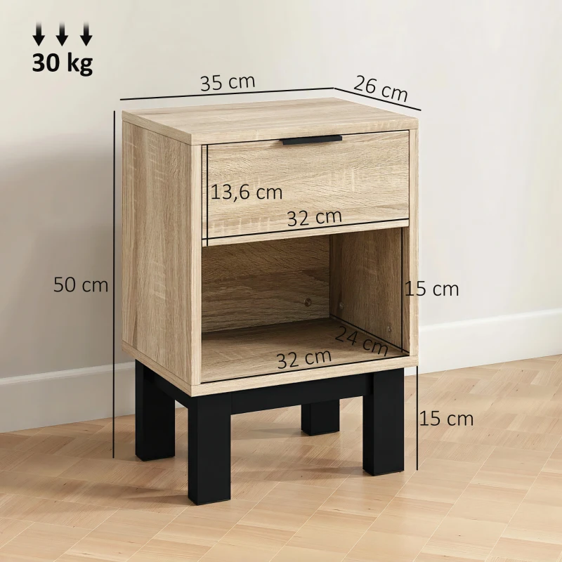 HOMCOM Nachttisch, Nachtschrank mit Schublade, offenes Fach, Nachtkommode für Schlafzimmer, Wohnzimmer, 35 x 26 x 50 cm, Eiche