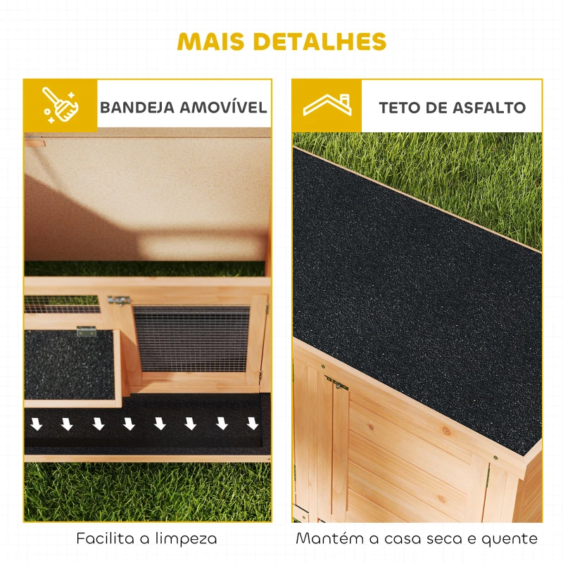 PawHut Coelheira de Madeira Gaiola para Coelhos com Telhado Asfáltico Rebatível Portas com Fecho Bandejas Removíveis 112x50x54 cm Amarelo