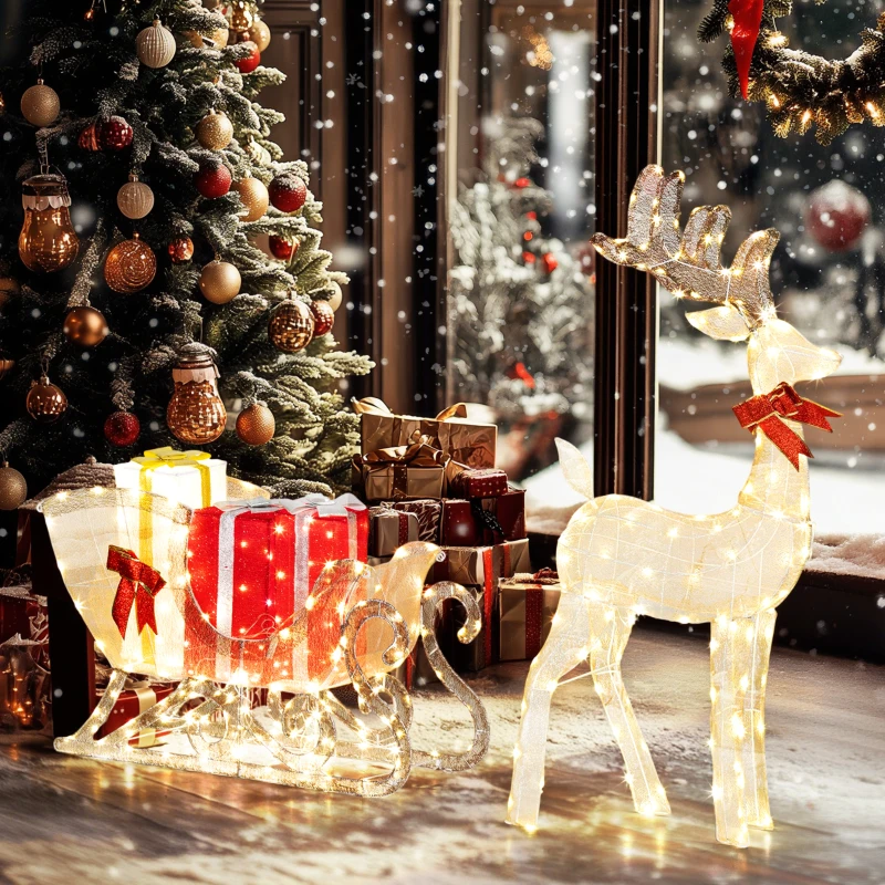 Outsunny Beleuchtetes Weihnachtsrentier mit Schlitten, warmweiße LEDs, Stahlrahmen, wasserfest, Goldfarben