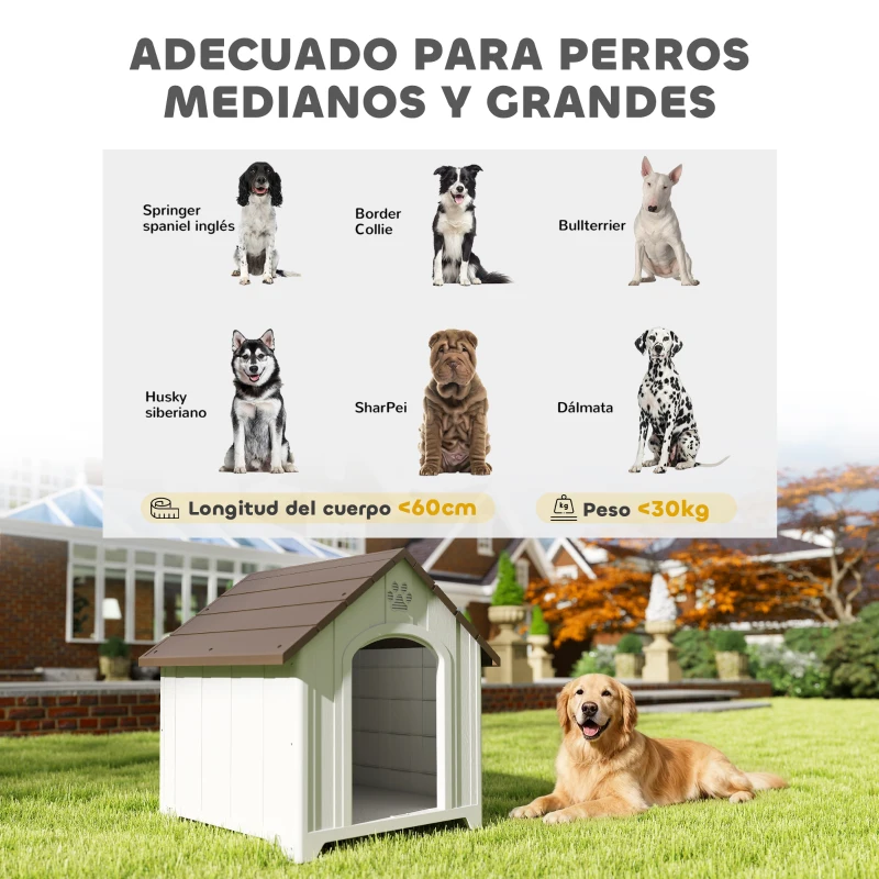 PawHut Caseta para Perros Exterior Casa para Perros Grandes de Plástico con 2 Ventanas Base Elevada Estacas Marrón Oscuro