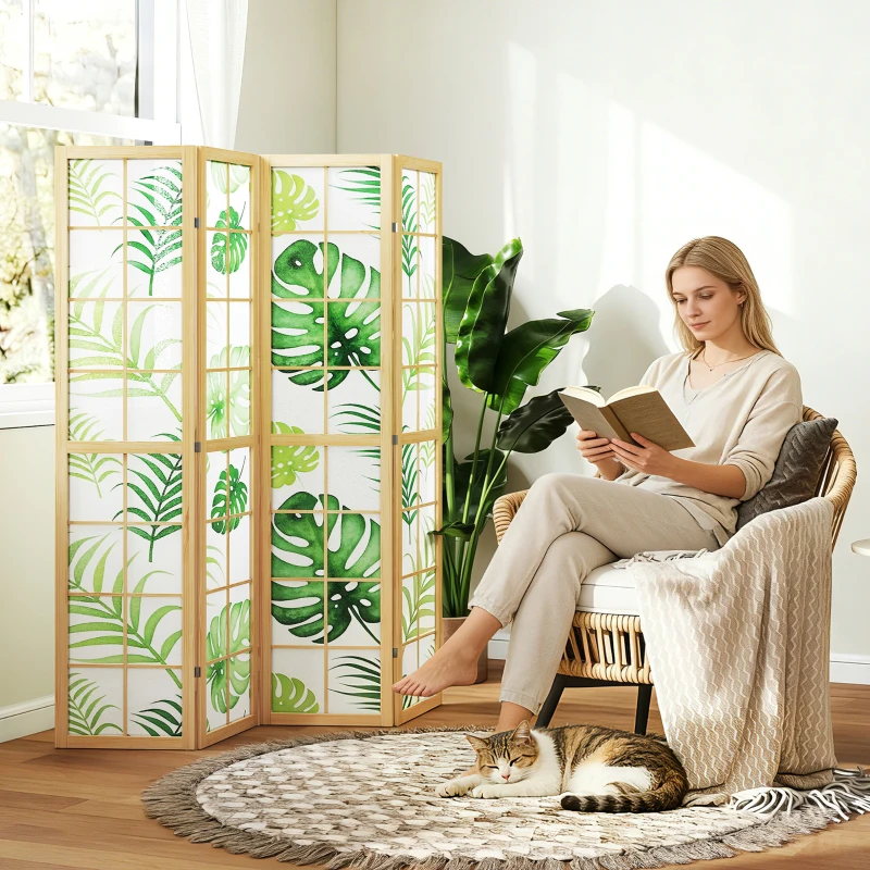HOMCOM 4-teiliger Raumtrenner, faltbar, Boho-Design, tropisches Motiv, freistehender Raumteiler, Holzrahmen, Grün