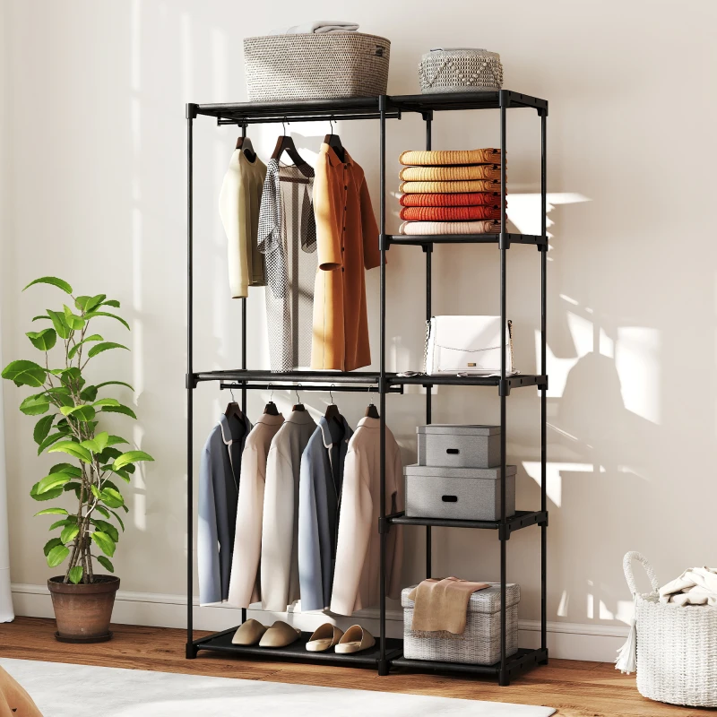 HOMCOM Stoffschrank Kleiderschrank mit Kleiderstange, Ablagen, für Schlafzimmer, Ankleidezimmer, 111 x 43 x 185 cm, Schwarz