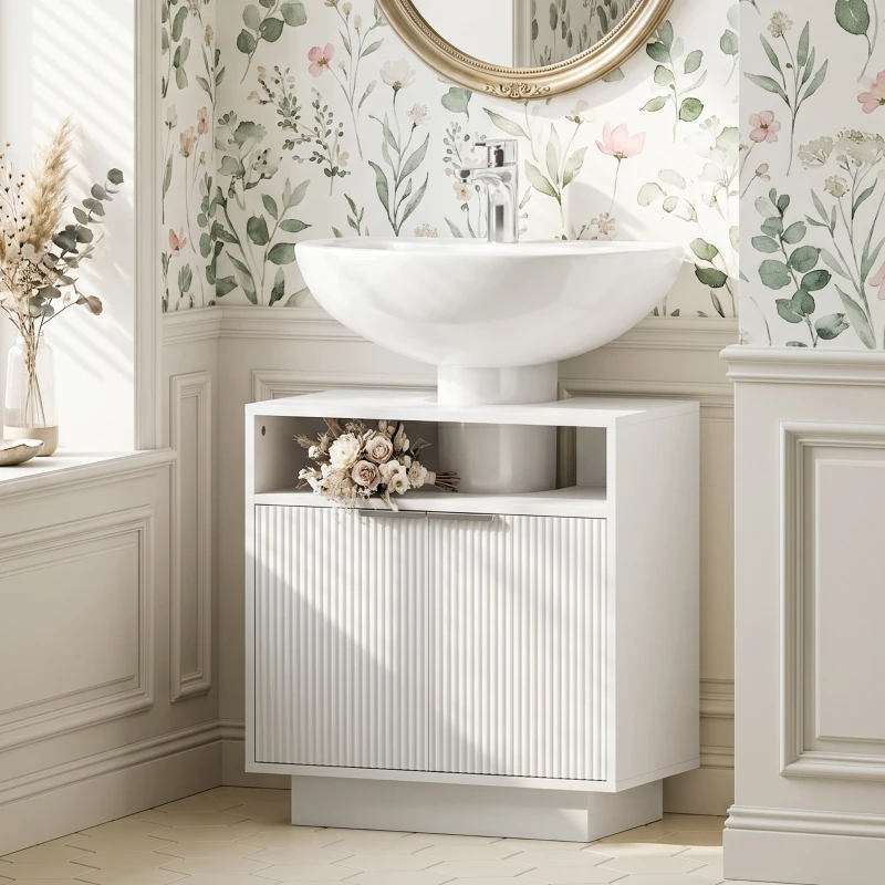 HOMCOM Mueble bajo Lavabo con 2 Puertas Acanaladas y Compartimento Abierto para Lavabo sin Pedestal 60x33x63 cm Blanco