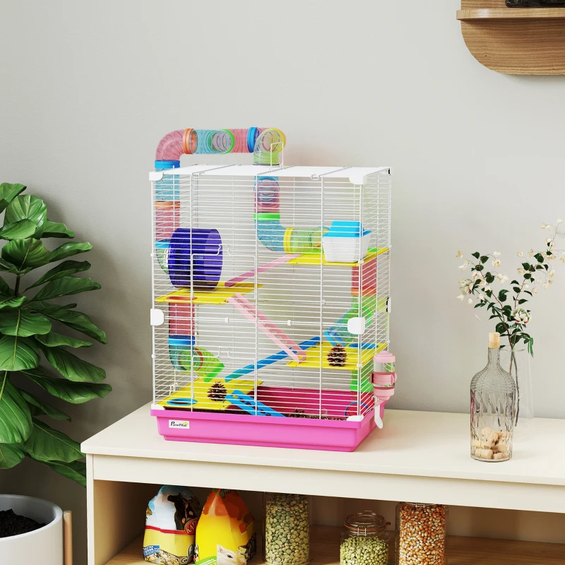 PawHut Cage pour Hamster Rongeur 5 Étages avec Tunnels, Mangeoire, Roue, Maison, Échelles, 46 x 30 x 58 cm, Rose