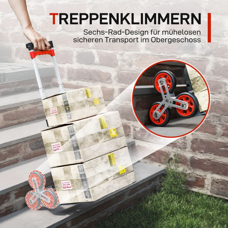 HOMCOM Faltbarer Treppensteiger-Trolley, 6-Rad-System, trägt 70 kg, Aluminium, Rot