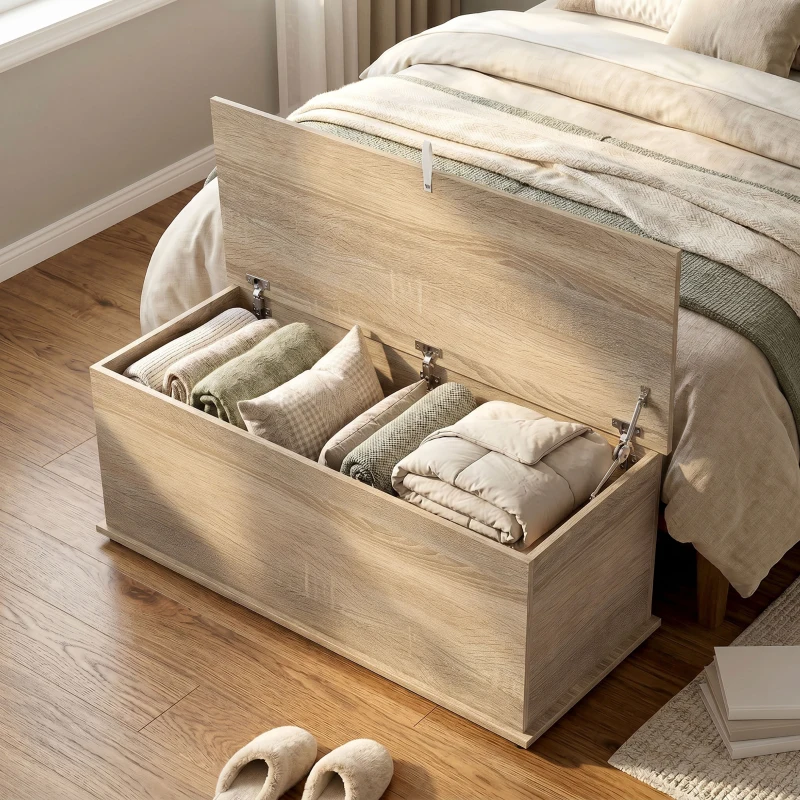 HOMCOM Banco de Almacenaje con Bisagra de Seguridad Estilo Moderno para Pasillo Dormitorio Salón 100x40x40 cm Roble